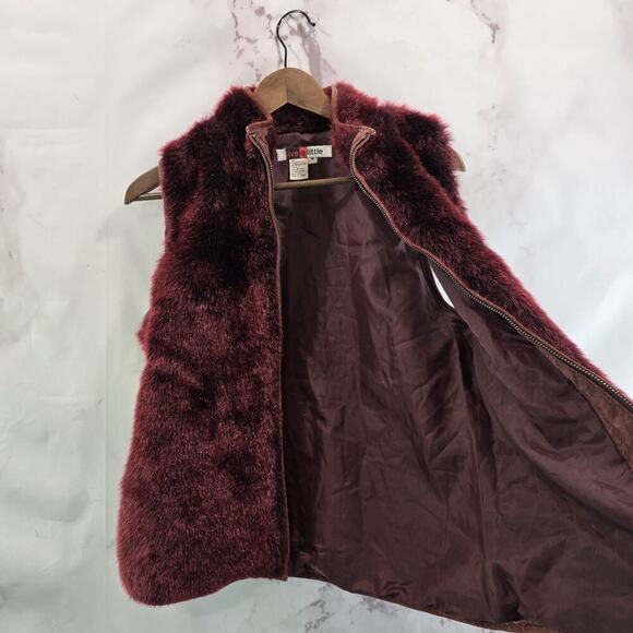 Vintage Y2K Vest Womens Medium Red Faux Fur Mob Coat Burgundy Glam Boss - Picture 8 of 10